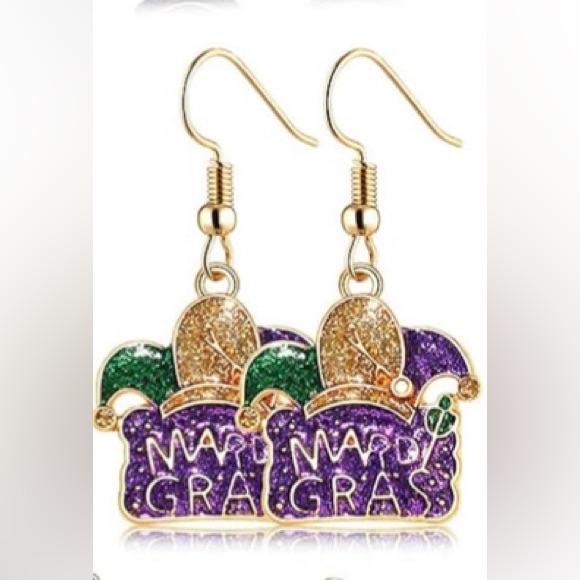 Mardi Gras Purple Green And Goldtone Jester Hat Dangle Earrings - New